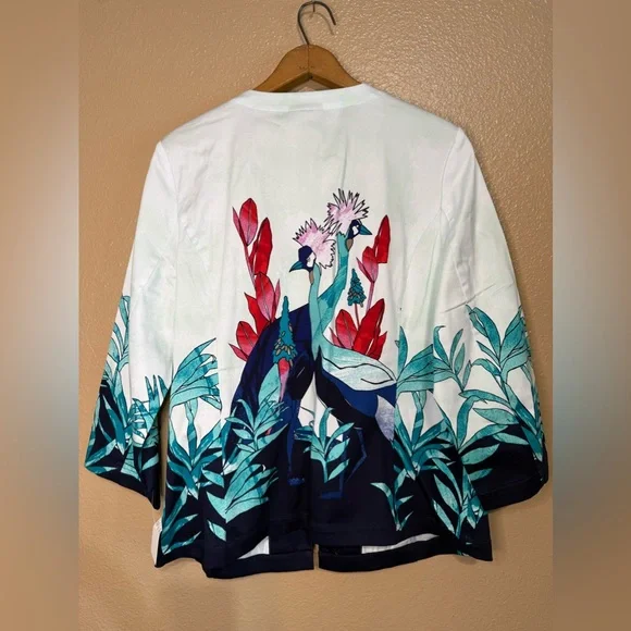 Chicos Floral Asian Watercolor Jacket Lightweight Open Tunic Cotton Travel NWT 1 - Picture 5 of 14